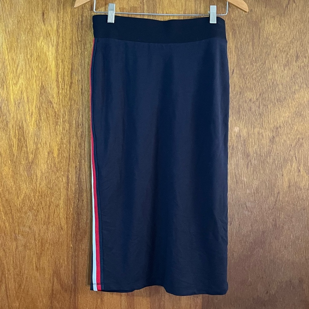 TOMMY HILFIGER Midi Skirt Black w Red & White Side Stripe Sz S - Picture 2 of 6